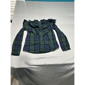 J Crew‎ Crewcuts Girls Green Plaid Button Up Ruffle Blouse 14